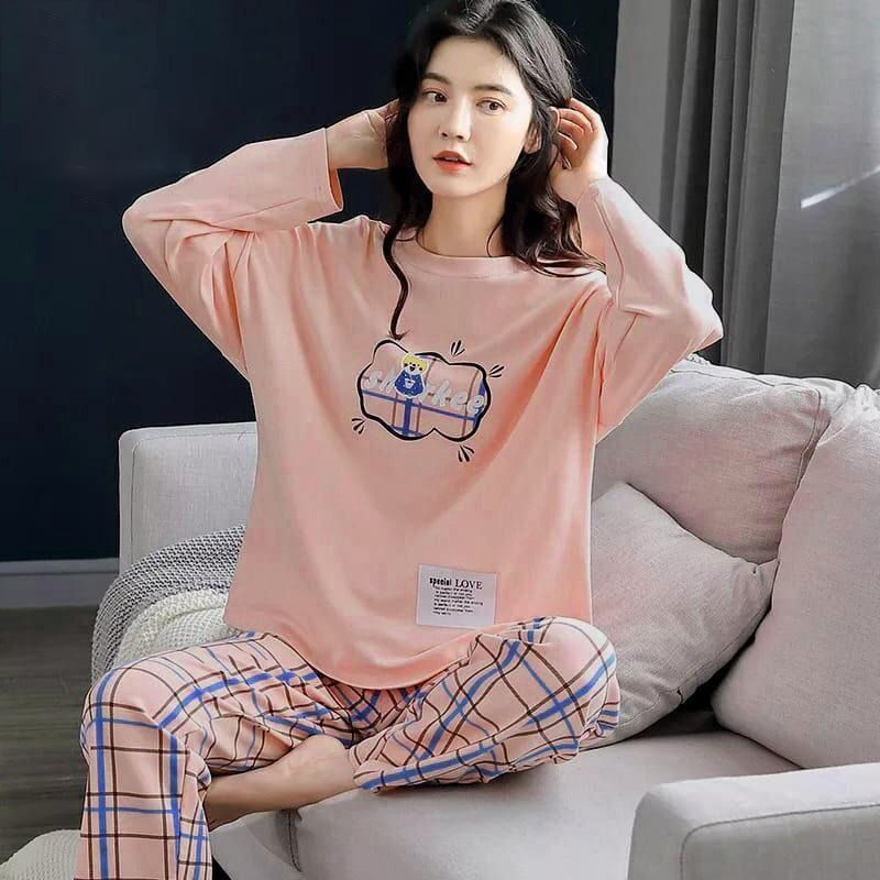 Pink full sleeves printed design night suit fabric cotton jarsy